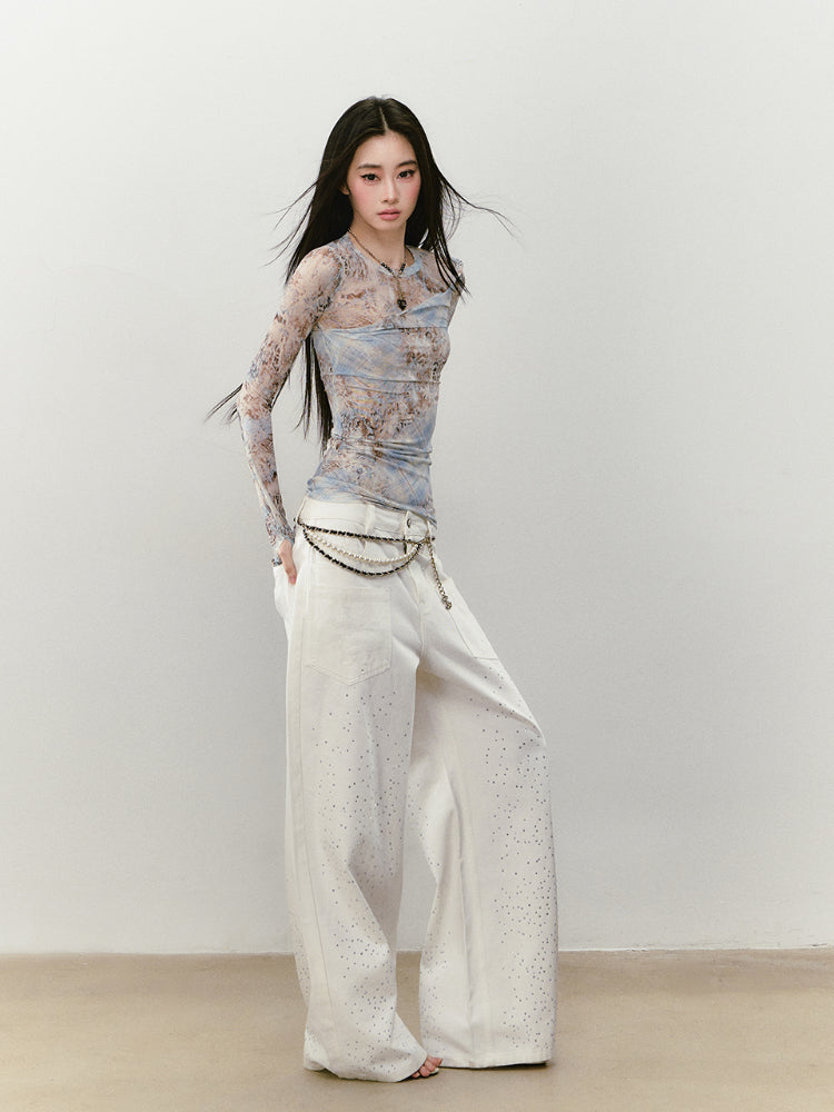 Printed Mesh Contrast-colored Long-sleeve T-shirt