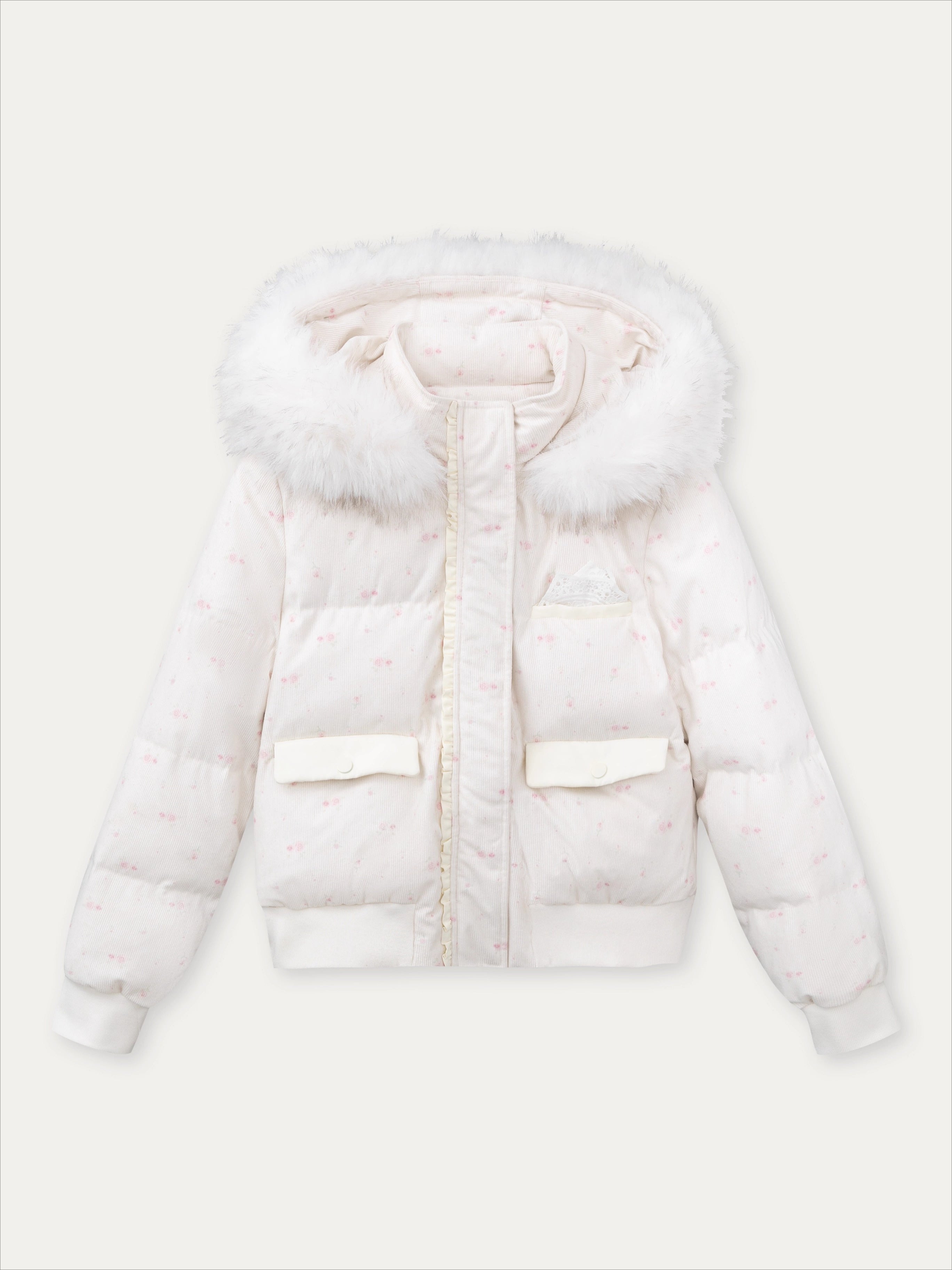 Plaid Floral Faux-Fur Down Jacket