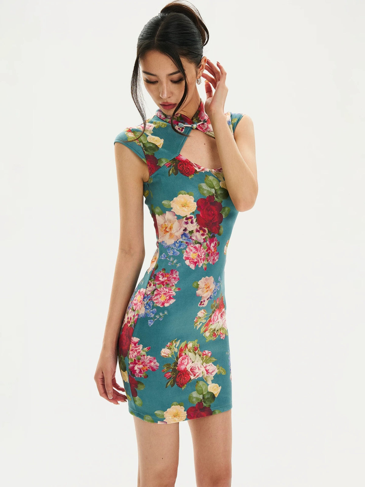 Floral Velvet Mandarin Collar Qipao Dress