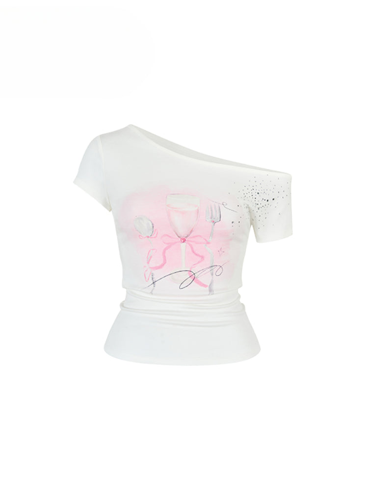 Printed Rhinestone Asymmetric Shoulder T-shirt