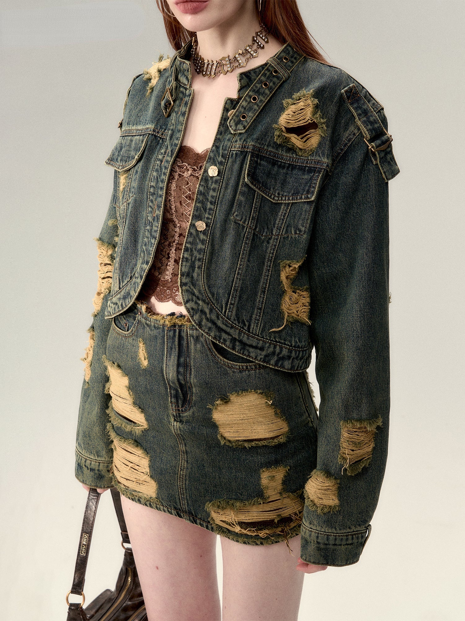 Double-Layer Distressed Denim Jacket
