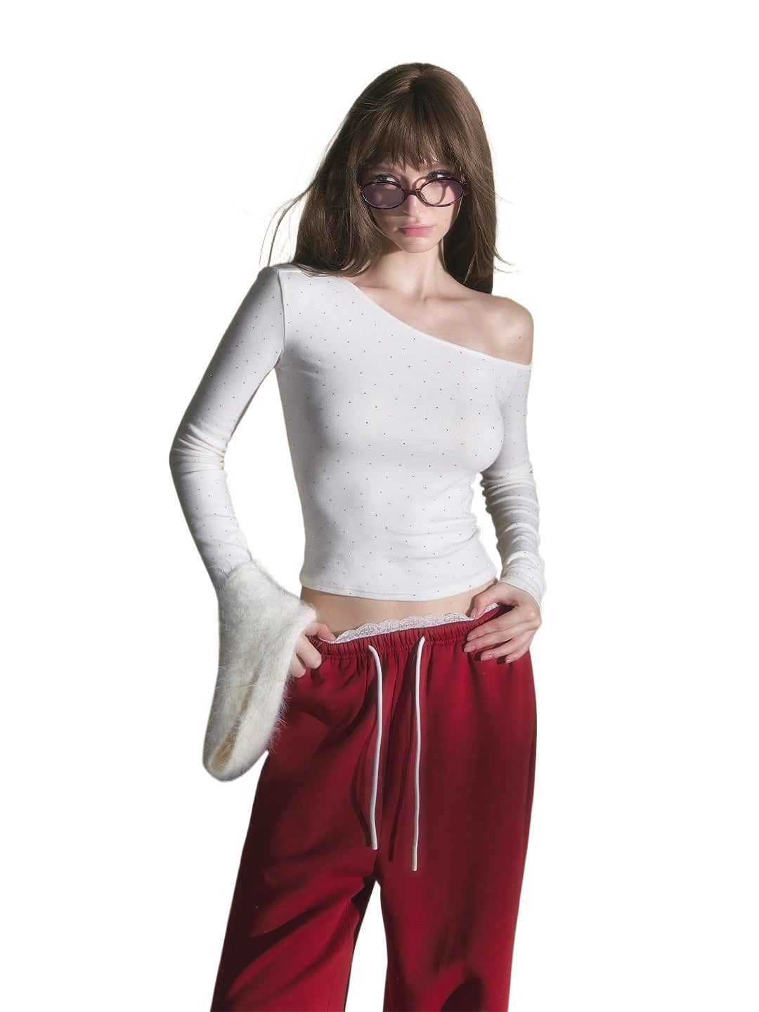 White Rhinestone Knit Off-Shoulder Slim-Fit T-Shirt