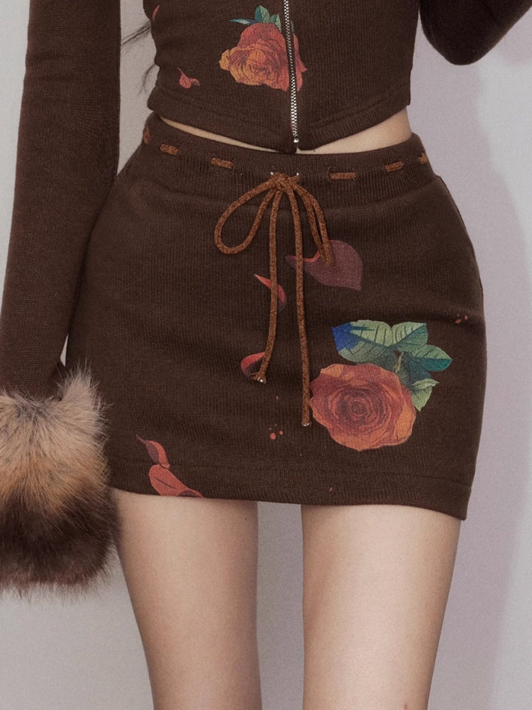 Faux Fur Gradient Knit Sweater with Fur Collar & Skirt Set