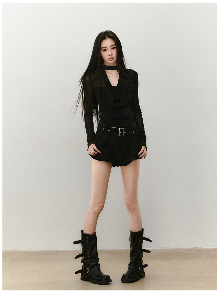 Chain Halter Draped Neck Fitted T-shirt