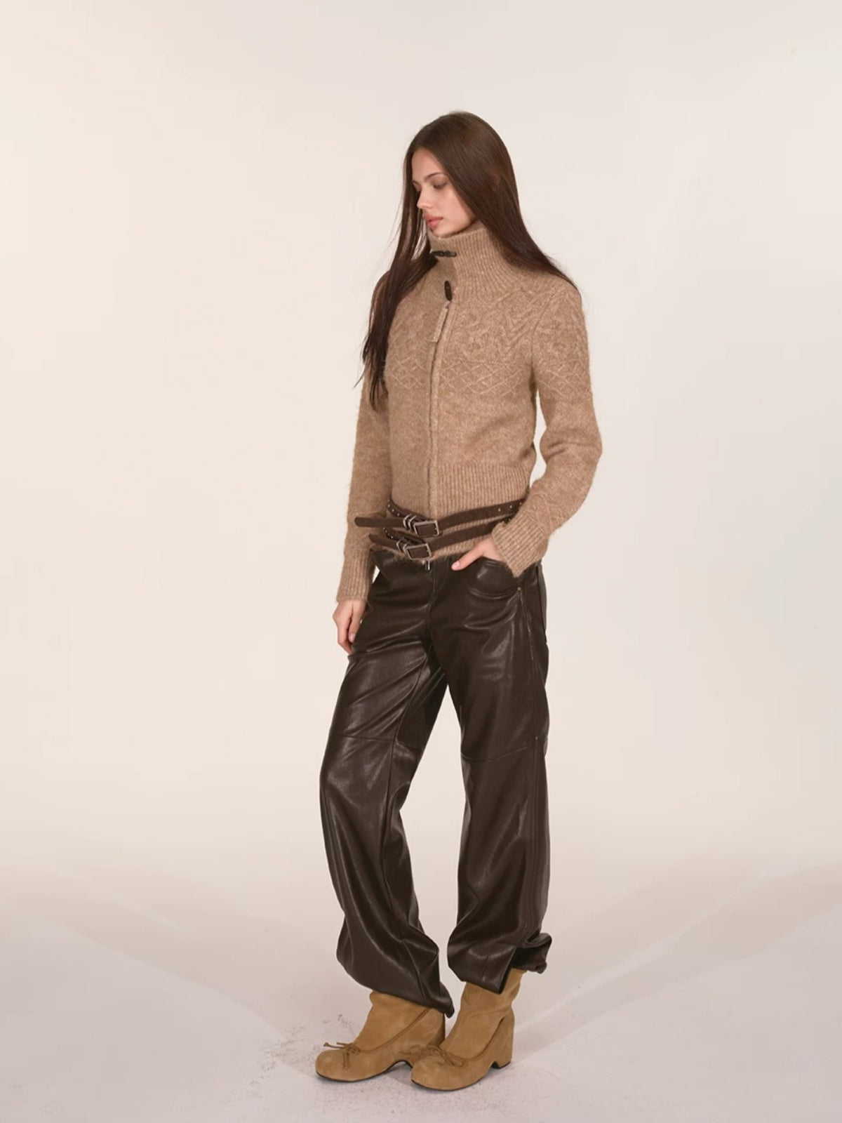 Paneled Faux Leather Wide-Leg Pants