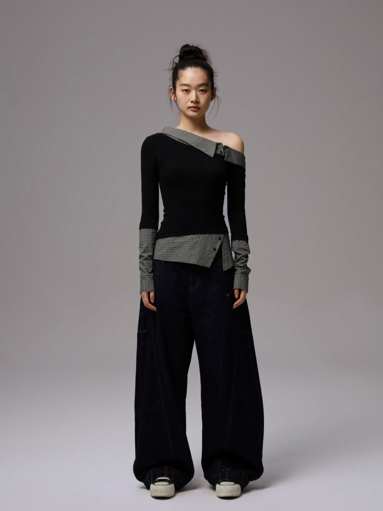 Asymmetric Collar Fake Two-Piece Fitted Blouse