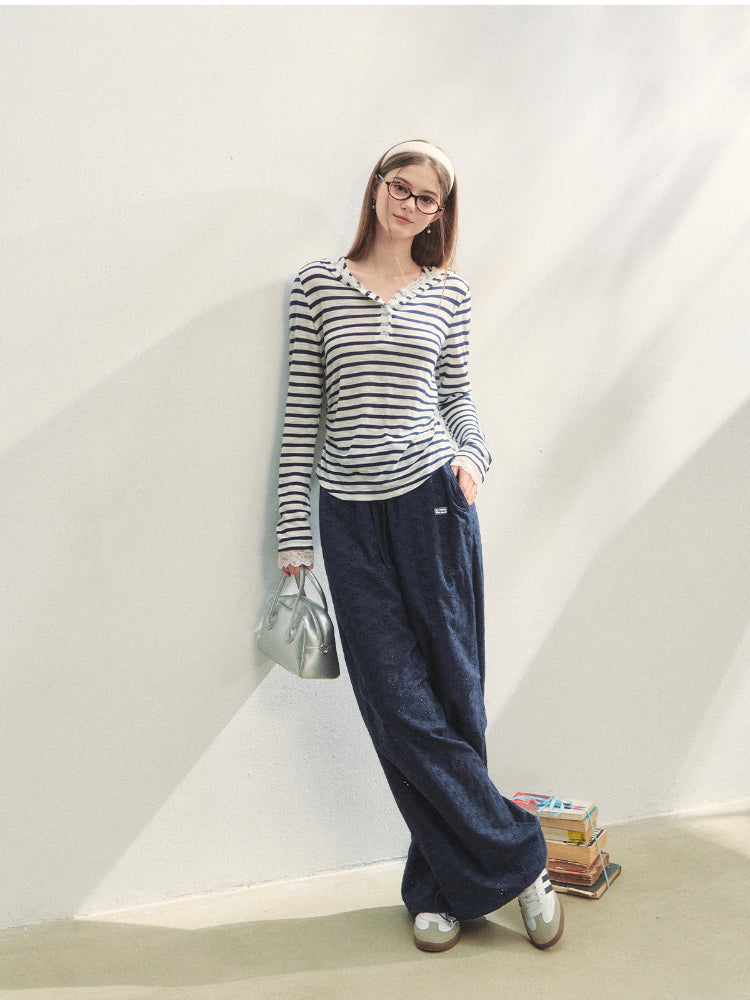 Hollow Embroidery Tie-up Casual Pants