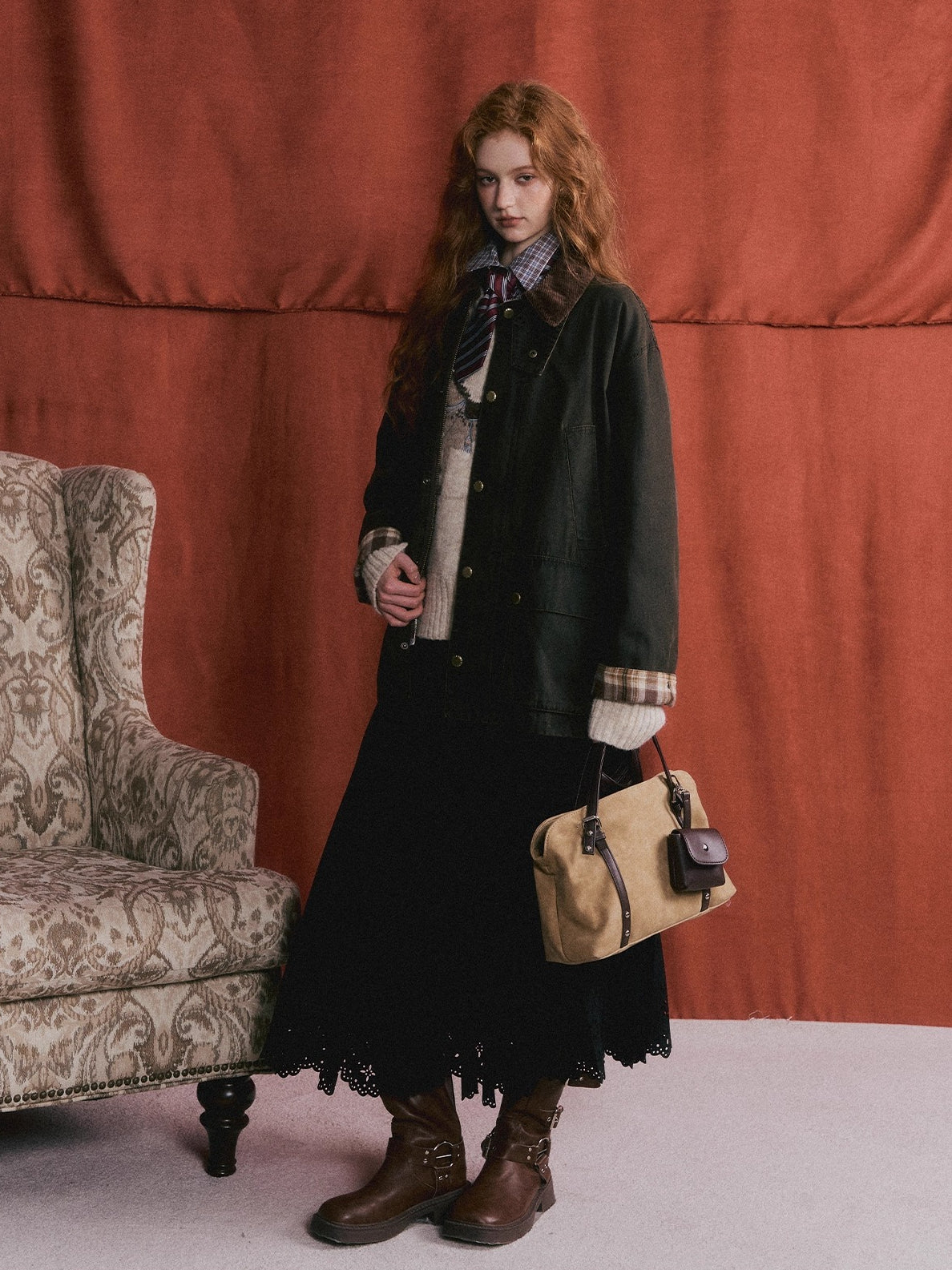 Eyelet Hem Suede Long Skirt