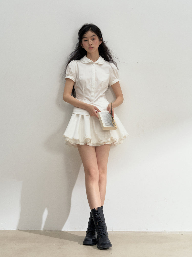 Cotton Lace Embroidered Collar Shirt & Skirt Set