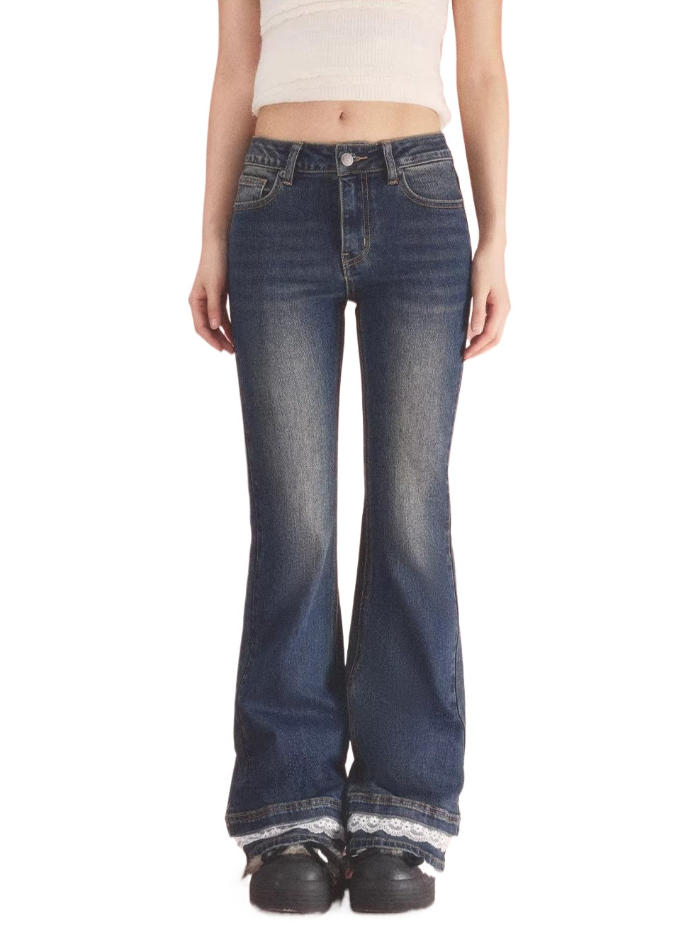 Navy Blue Lace Flared Jeans