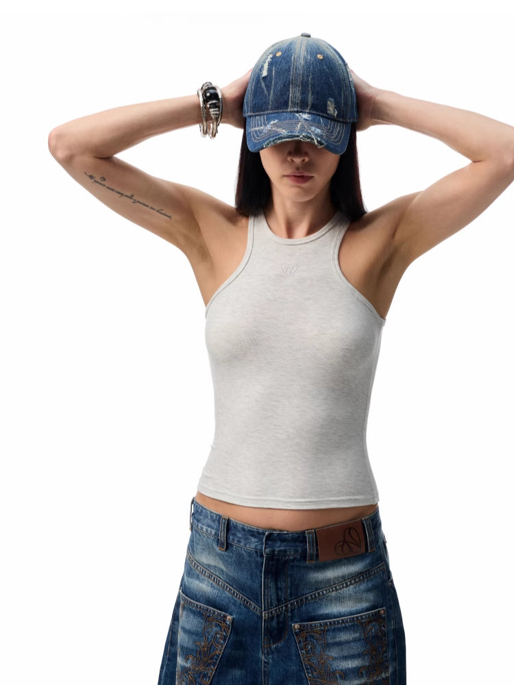 Basic Solid-Color Embroidered Slim-Fit Vest