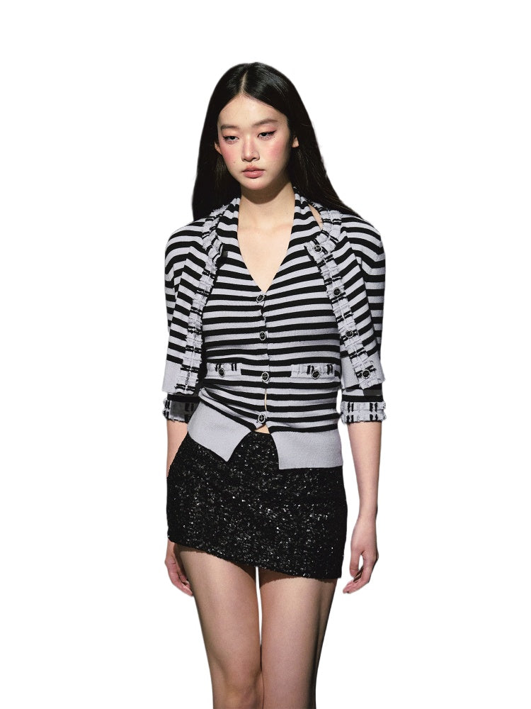 Contrast Stripe Halter Camisole Tank Top & Cardigan Set