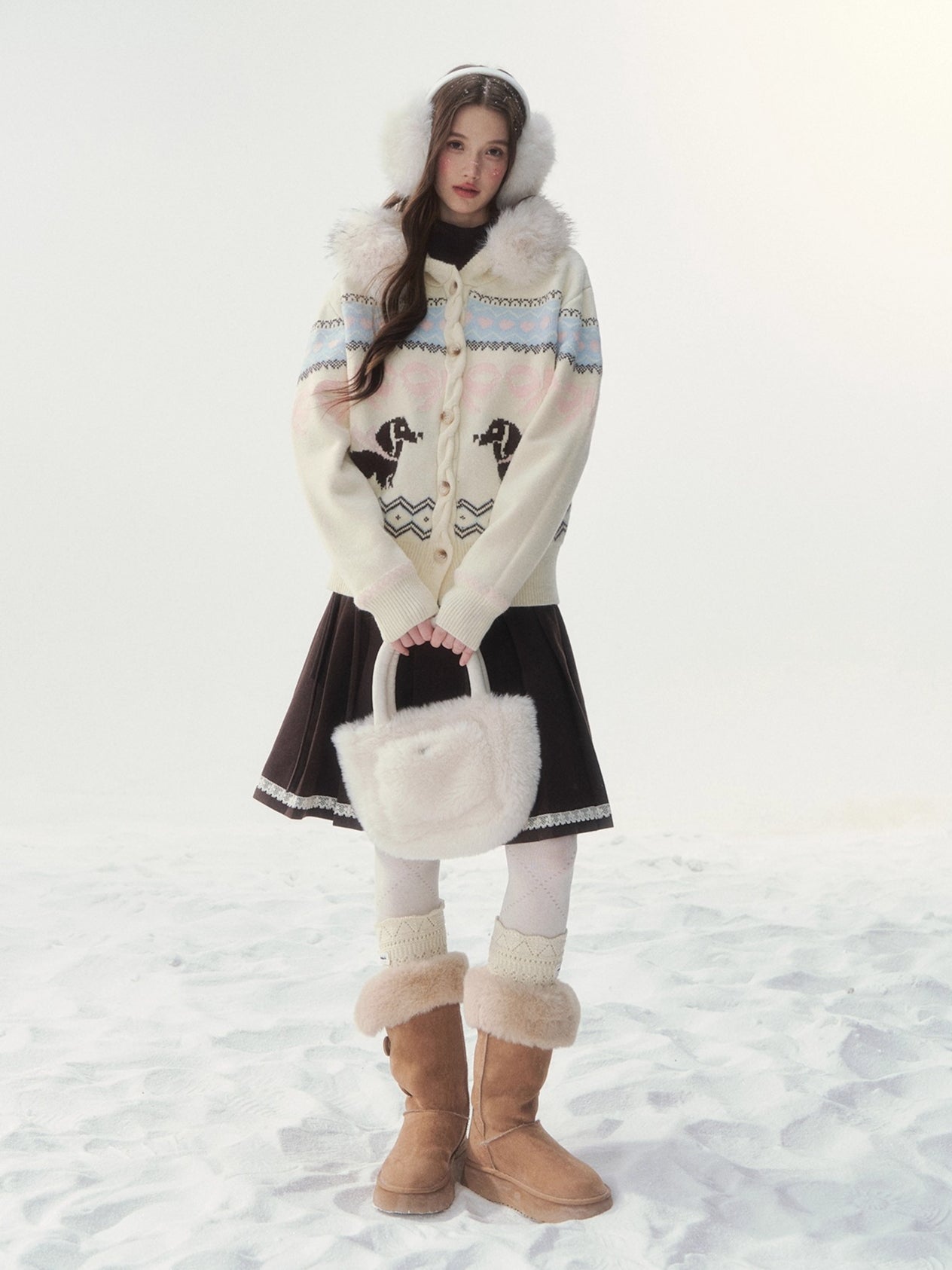 Brown & Gray Wool Pleated Lace Skirt