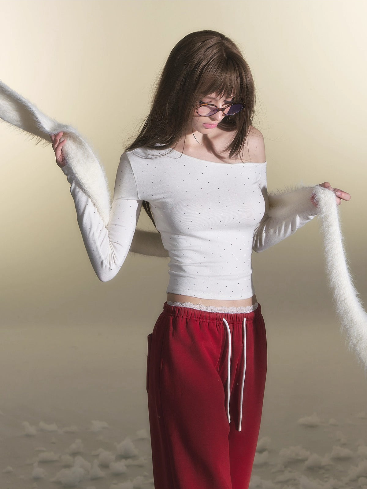 White Rhinestone Knit Off-Shoulder Slim-Fit T-Shirt