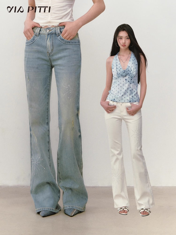 Rhinestone Firework Straight-Micro Flare Jeans