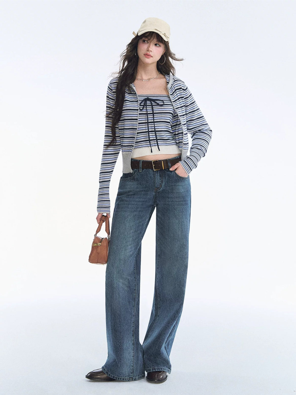 Striped Hooded Cardigan Bandeau Knit Set