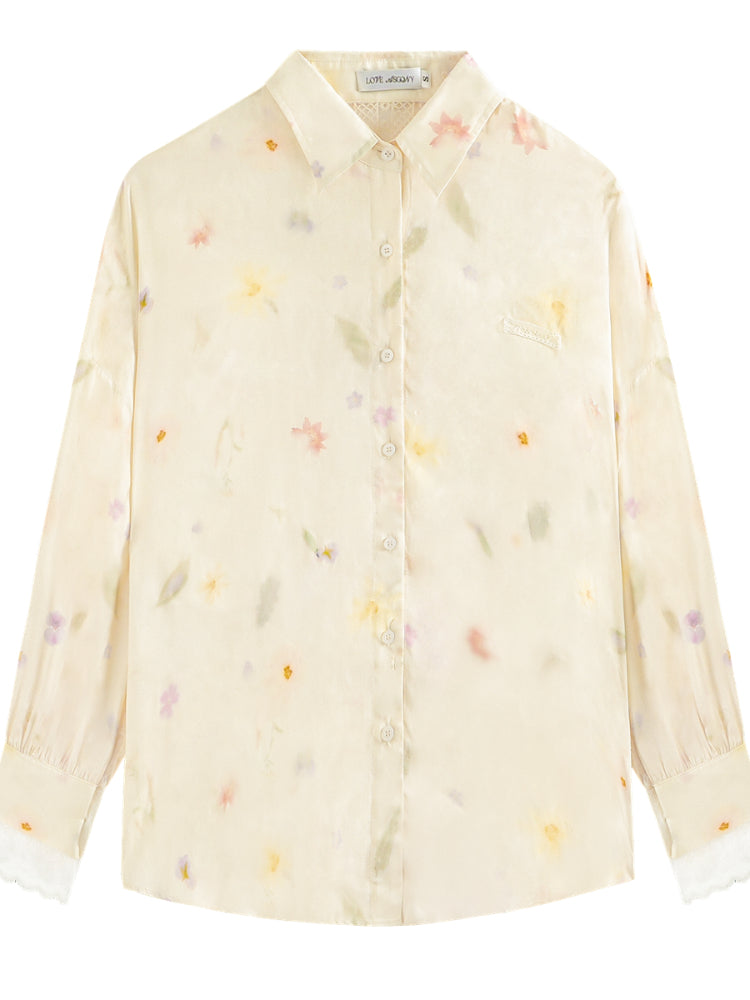 Lace-trimmed Floral Print Long-sleeve Shirt