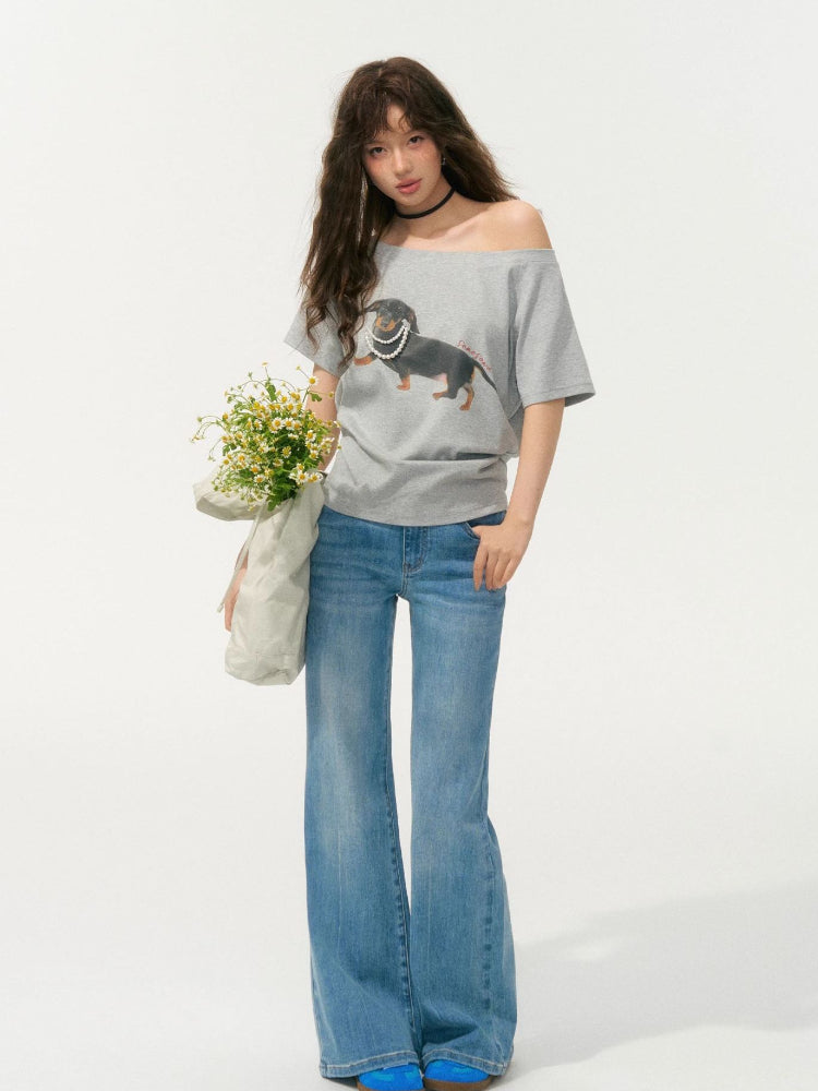 Off-Shoulder Pearl Embroidered Asymmetrical T-shirt
