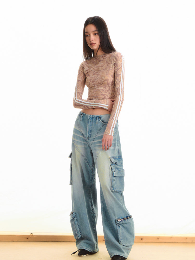 Printed Pleated Long Sleeve T-shirt