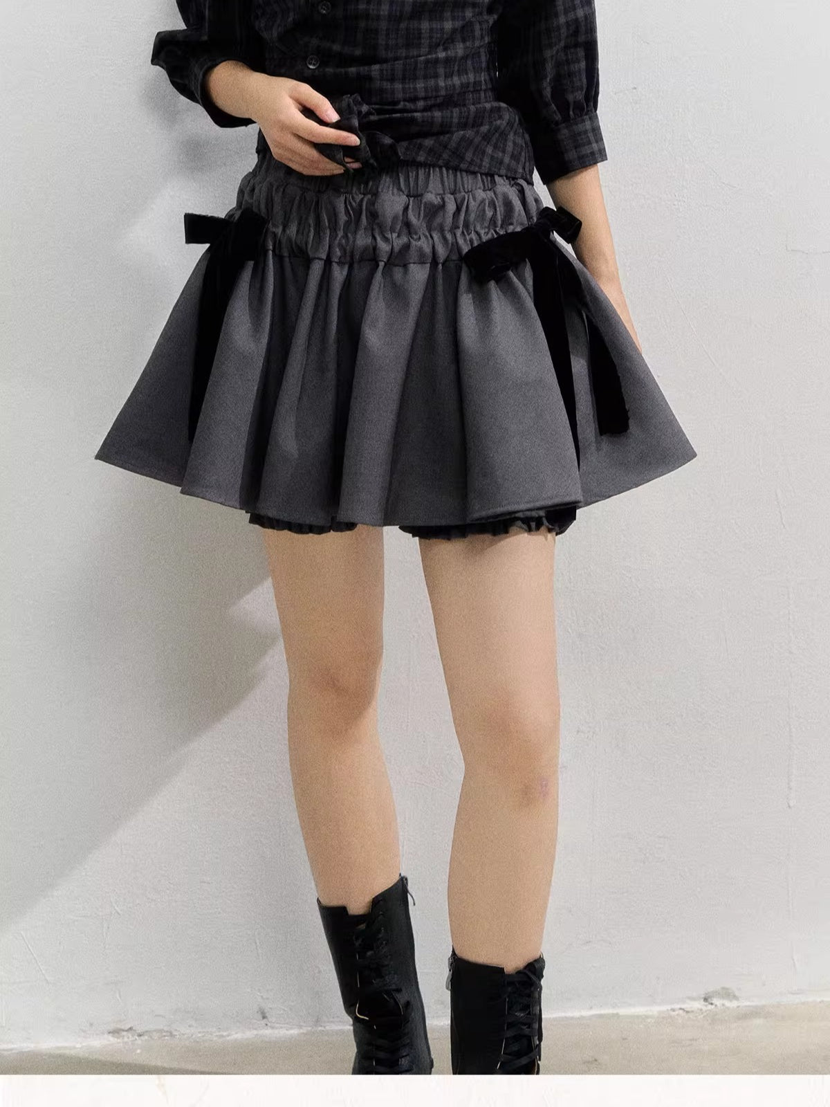 Gray Velvet Bow Puff Skirt