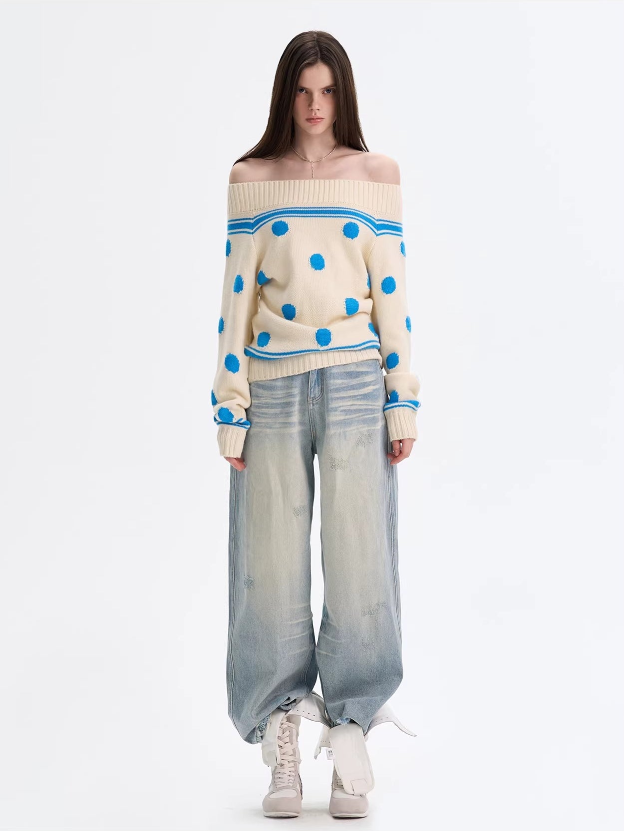 Polka Dot Knit Off-shoulder Top