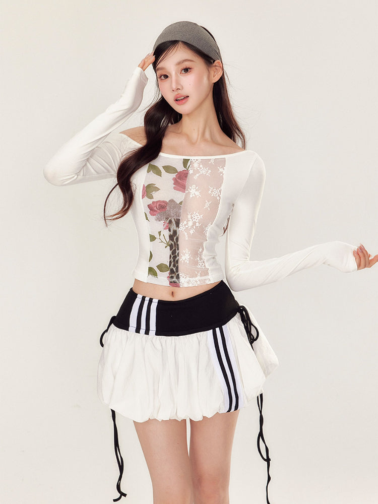 Lace Floral Off-Shoulder T-shirt & Skirt Set