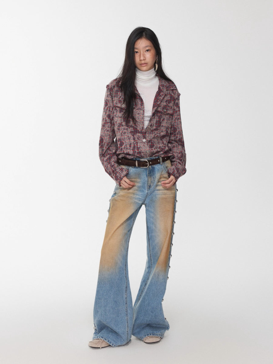 Washed Plaid Frayed-Edge Fitted Shirt