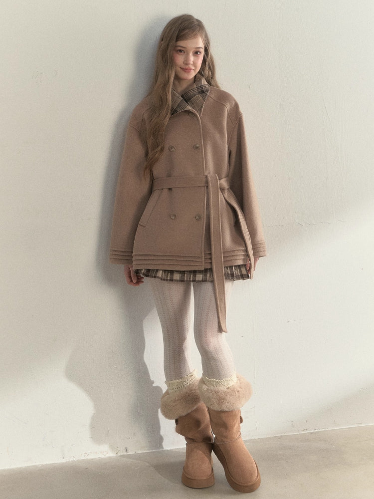 Plaid-Collar Double-Breasted Wool Coat