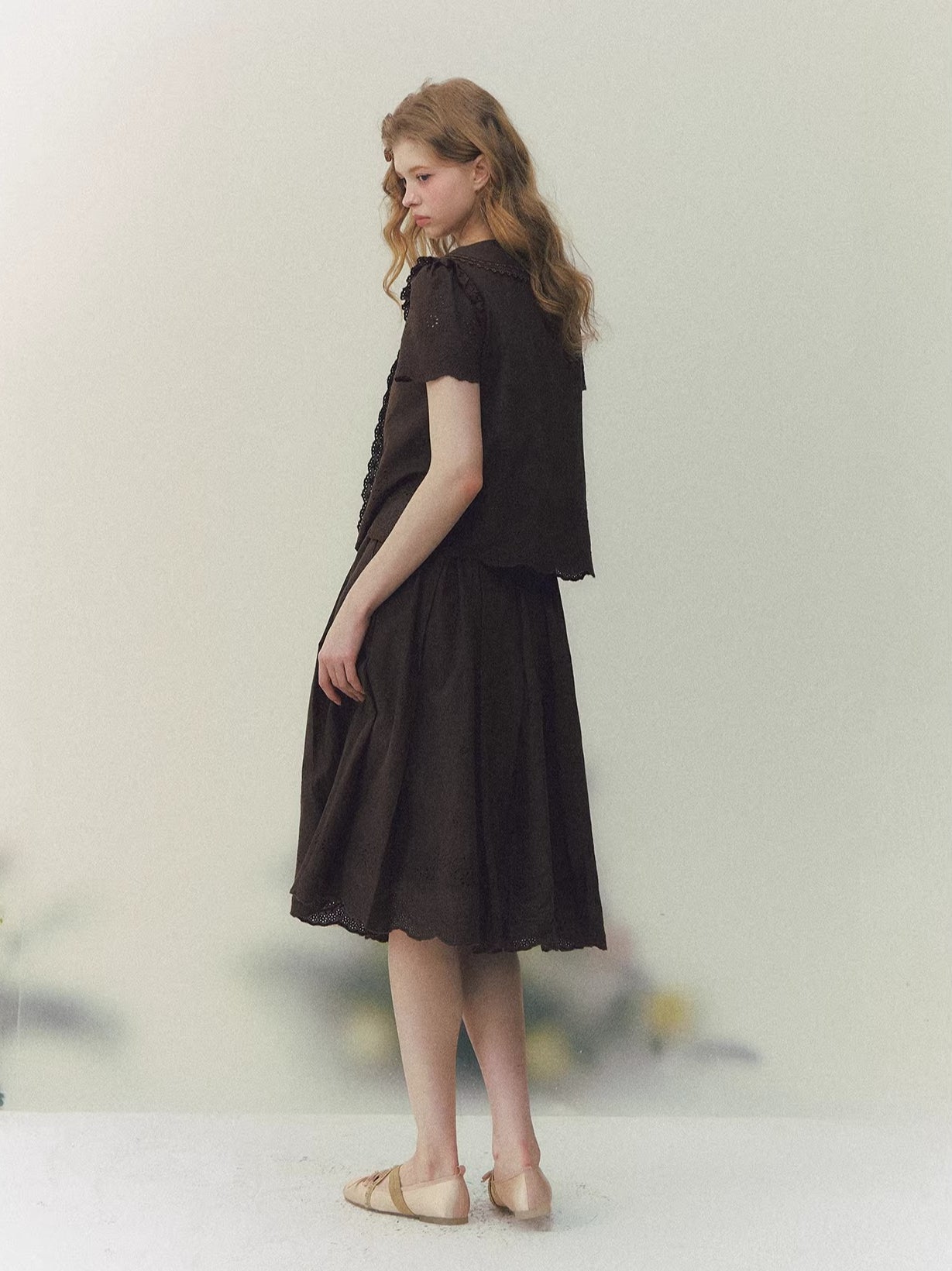 Brown Doll Collar Blouse & Skirt Set