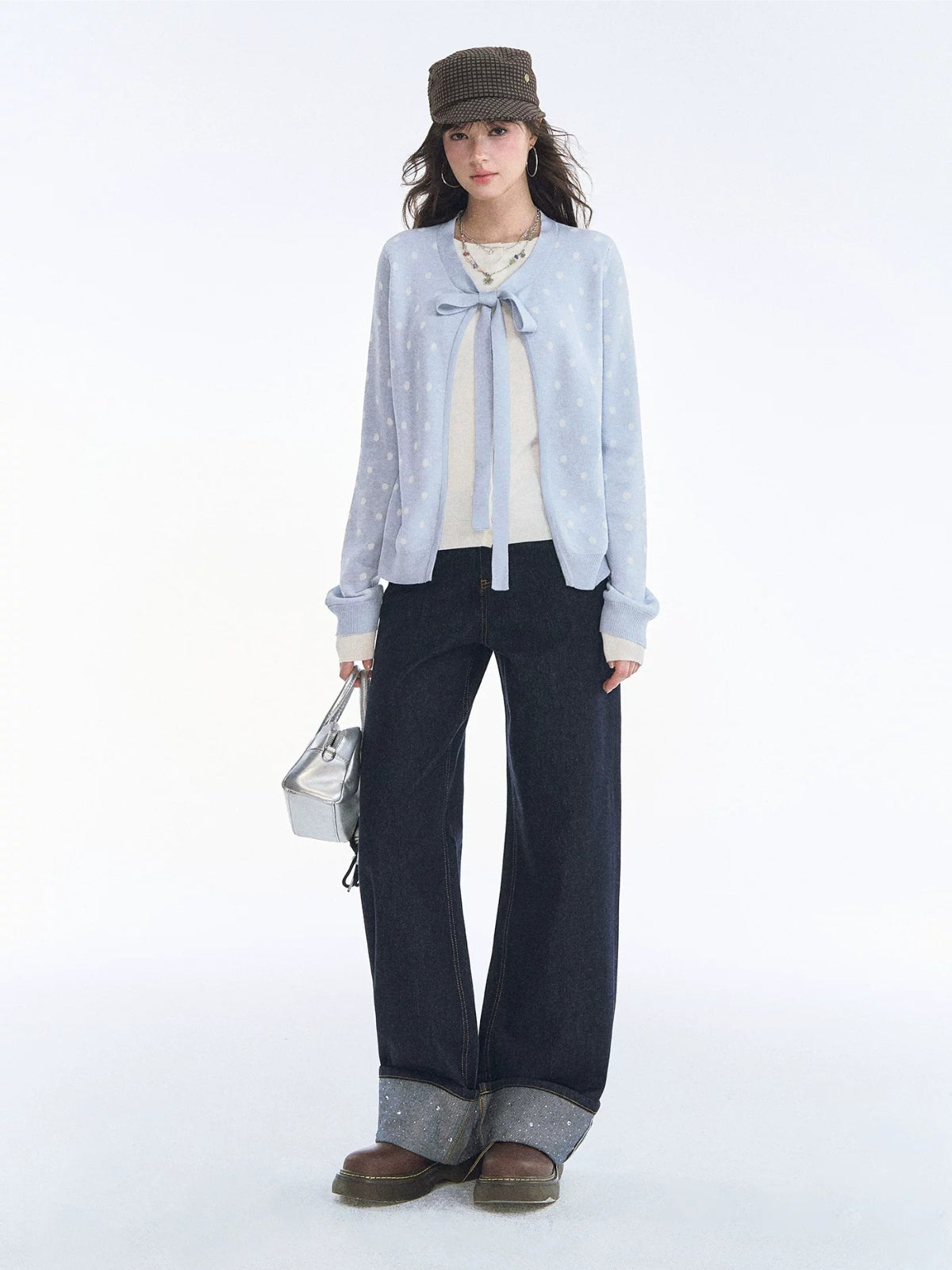 Polka Dot Bow Tie Knit Cardigan