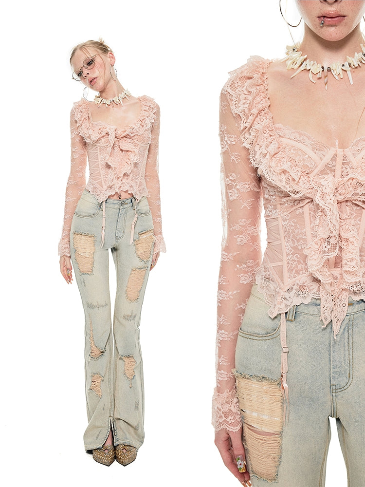 Black & Pink Lace Fishbone Bustier