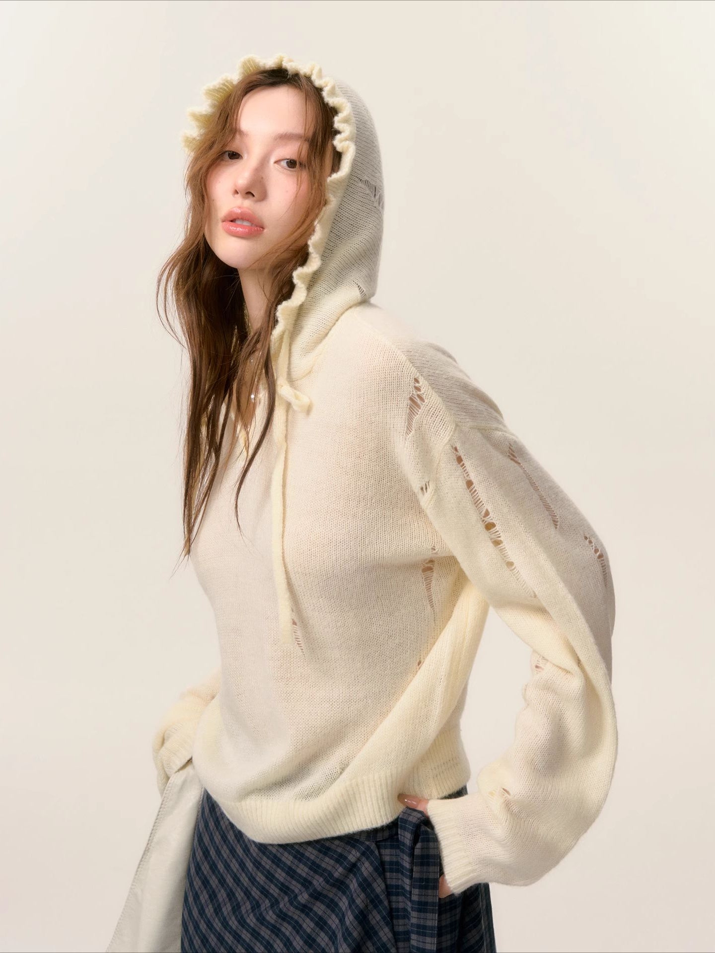 Ruffle‑Trim Hooded Pullover Sweater