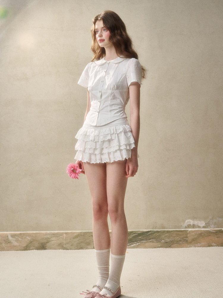Embroidered Lace Waist Shirt & Skirt Set