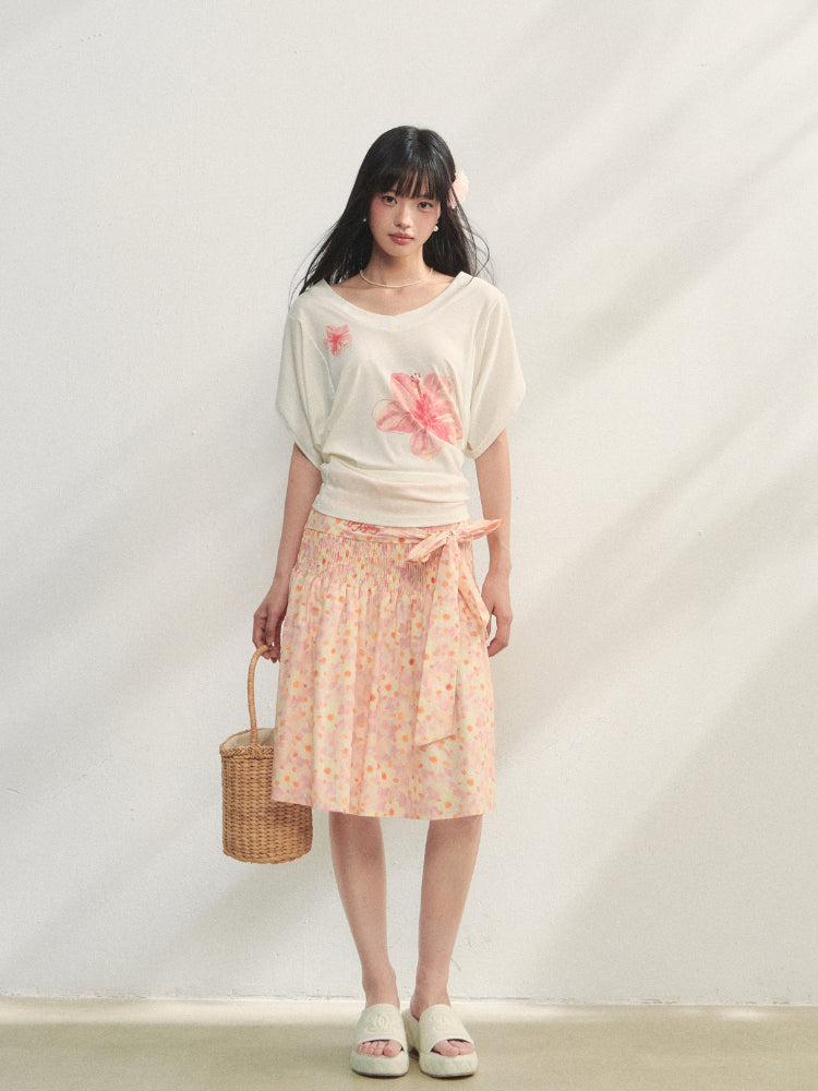 Floral V-Neck Bat-Sleeve T-Shirt