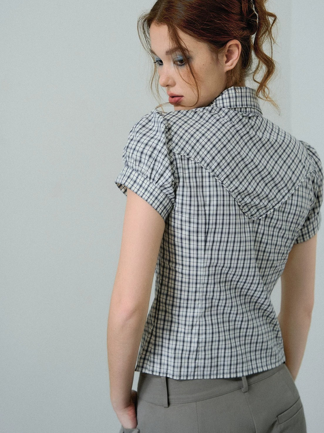Black Gingham Puff Sleeve Shirt