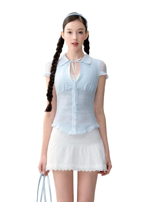 Blue & Brown Ruffle Tie Blouse