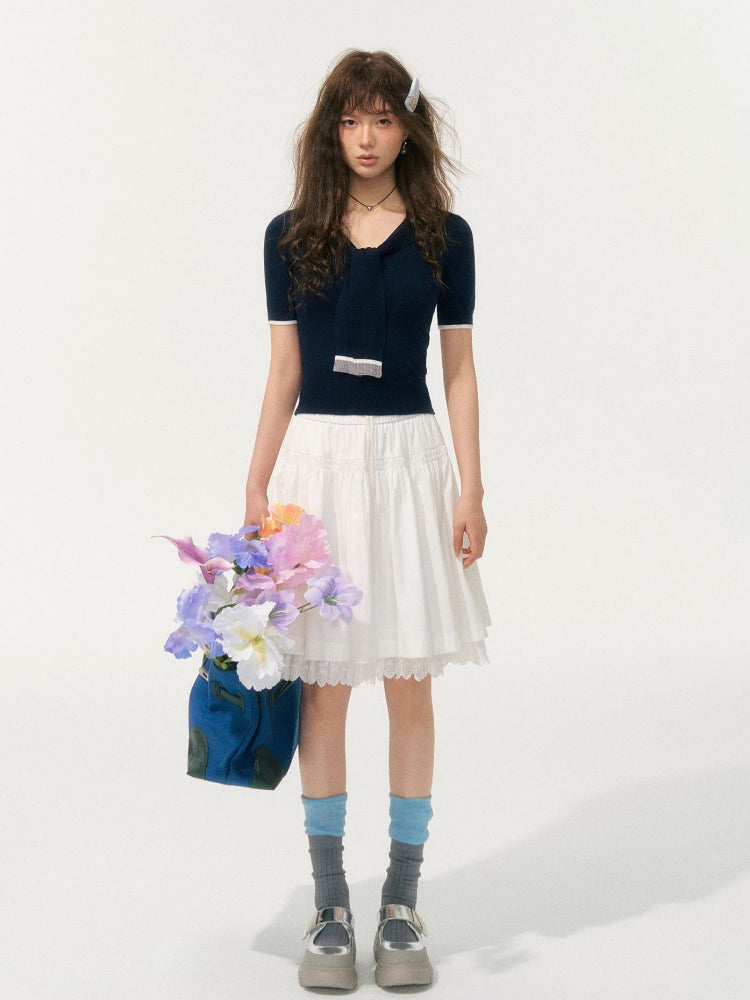 Preppy Style Collared Tie Knit Top