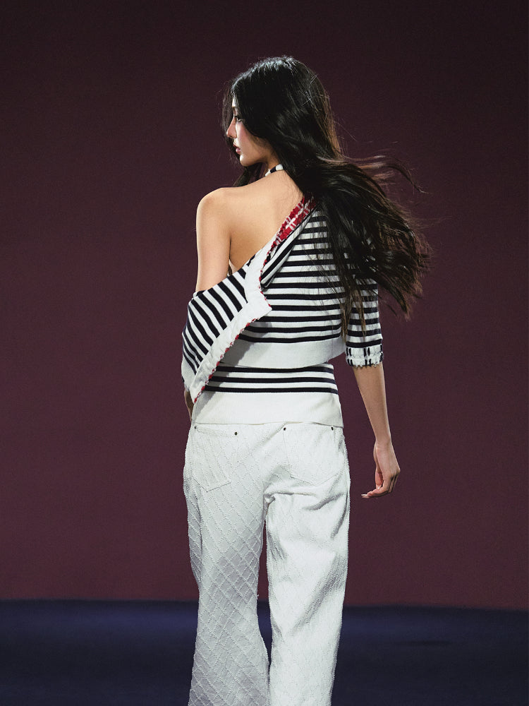 Contrast Stripe Halter Camisole Tank Top & Cardigan Set