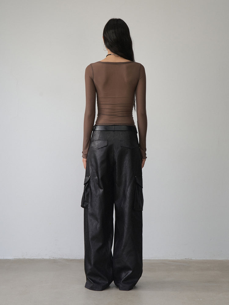 V-Neck Ruffled Mesh Slim Long-Sleeve Blouse