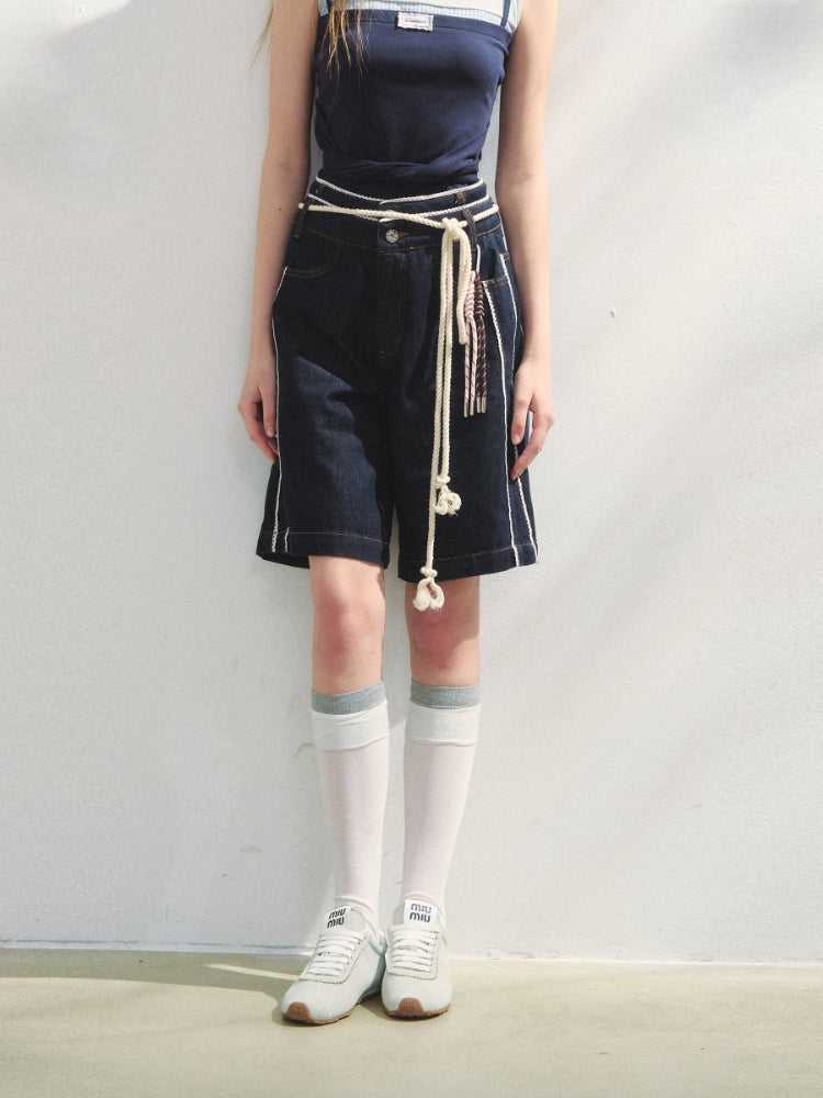 Lace-adorned Polka-dot Denim Capri Pants