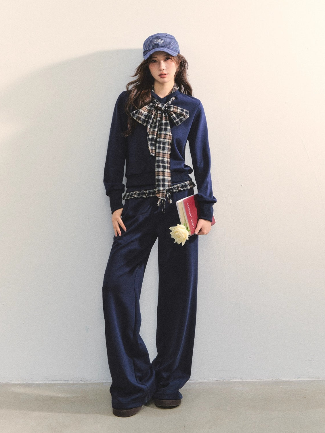 Navy Blue Plaid Bow-Tie Sweatshirt & Pants Set