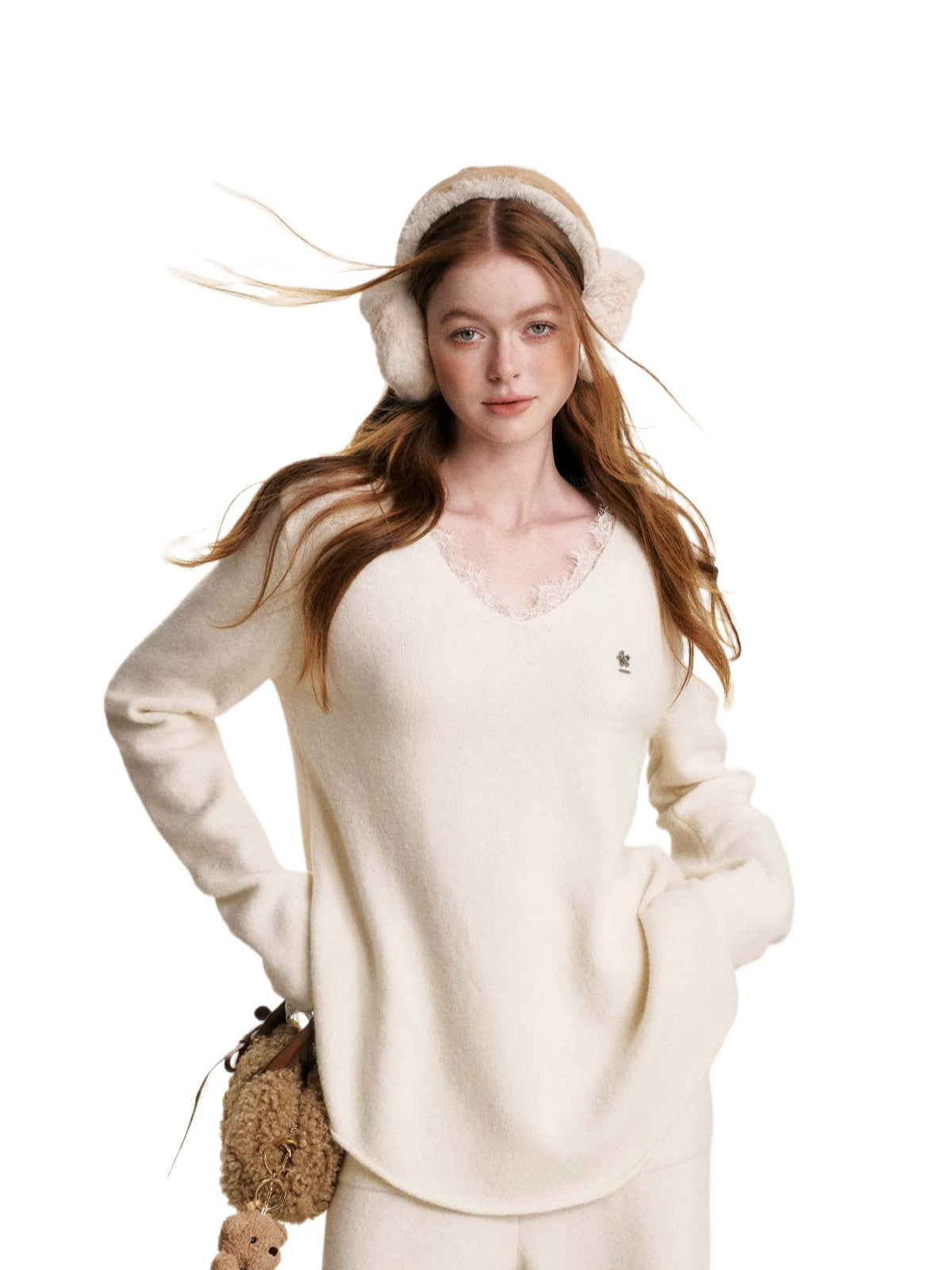Cream V-Neck Knit Set