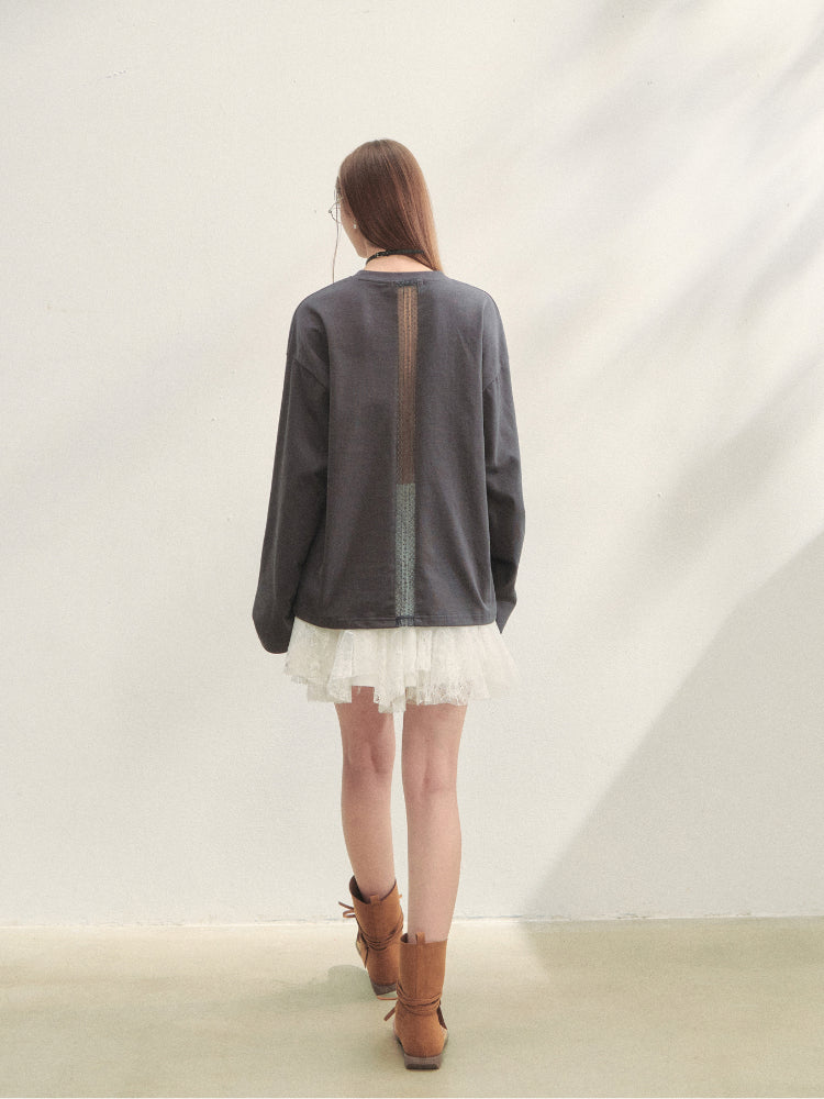 Lace Panel Dog Print Crew Neck Tee