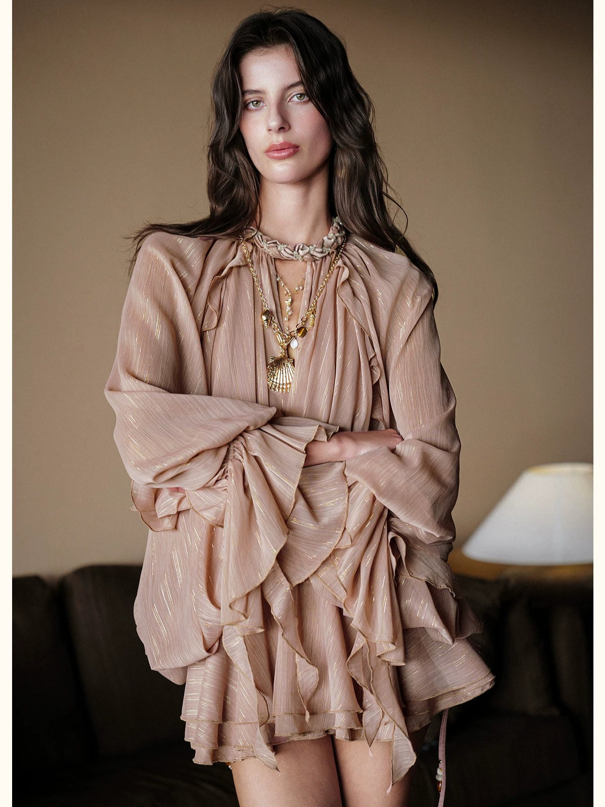 Textured Rope Lantern Sleeve Dress