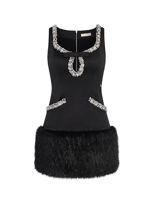 Sable Satin Straight Cut Eco-Fur Dress