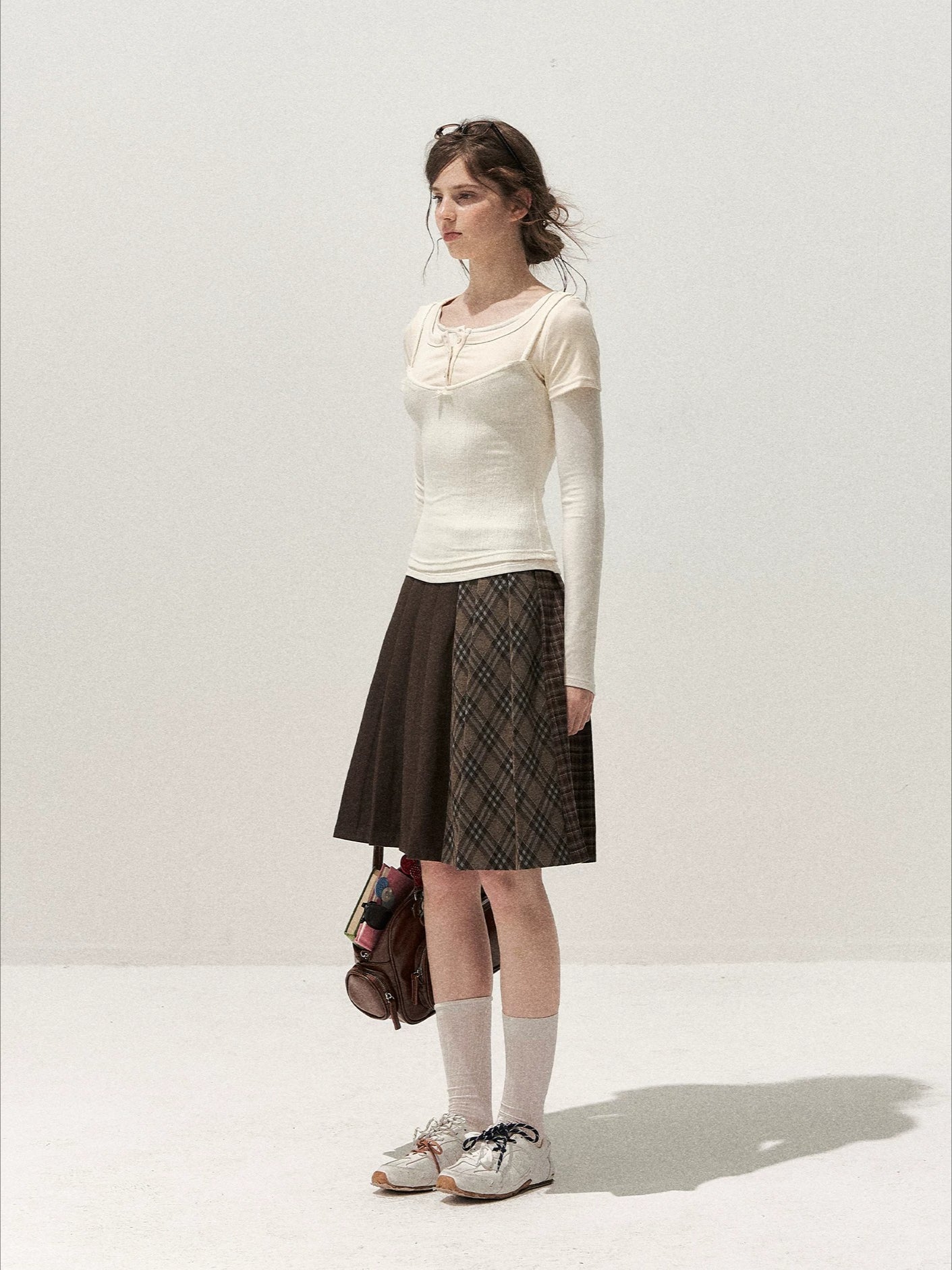 Brown Plaid Pleated Skirt