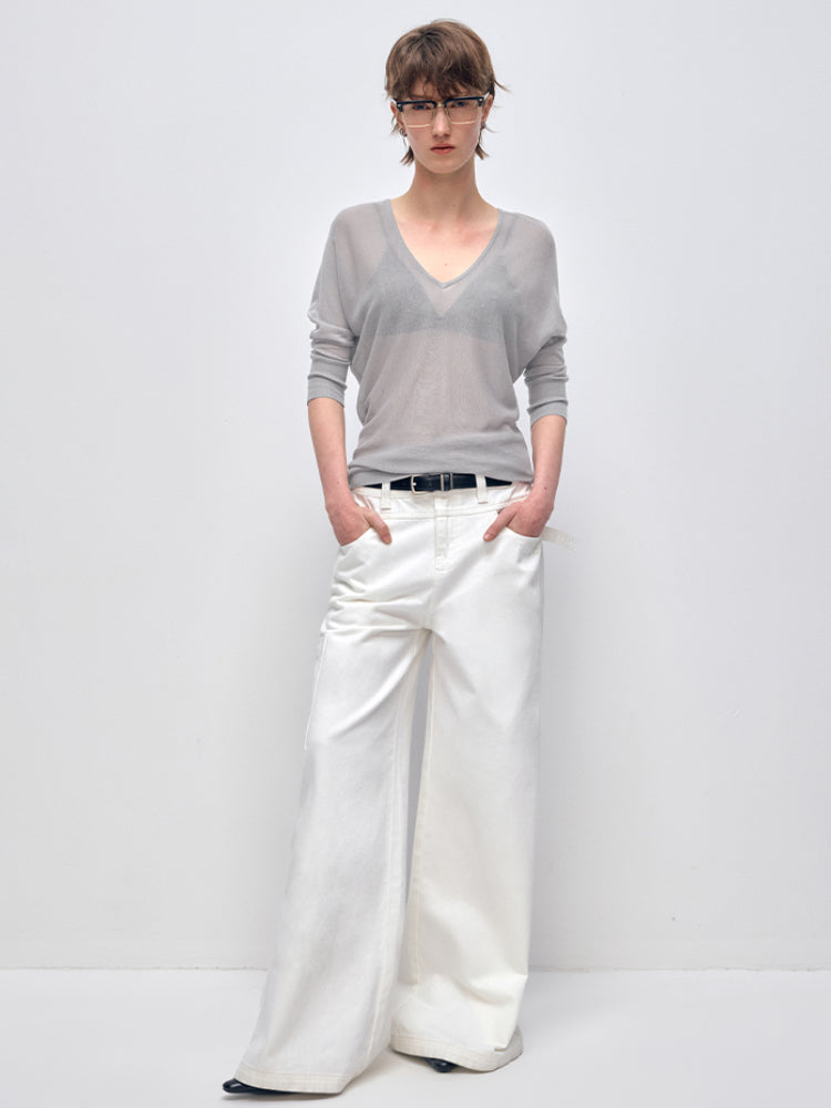 Gray Slightly Sheer V-Neck Long Sleeve Base Layer