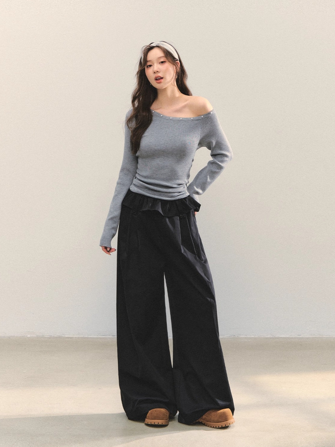 Brown & Black Fold-Waist Balloon Pants