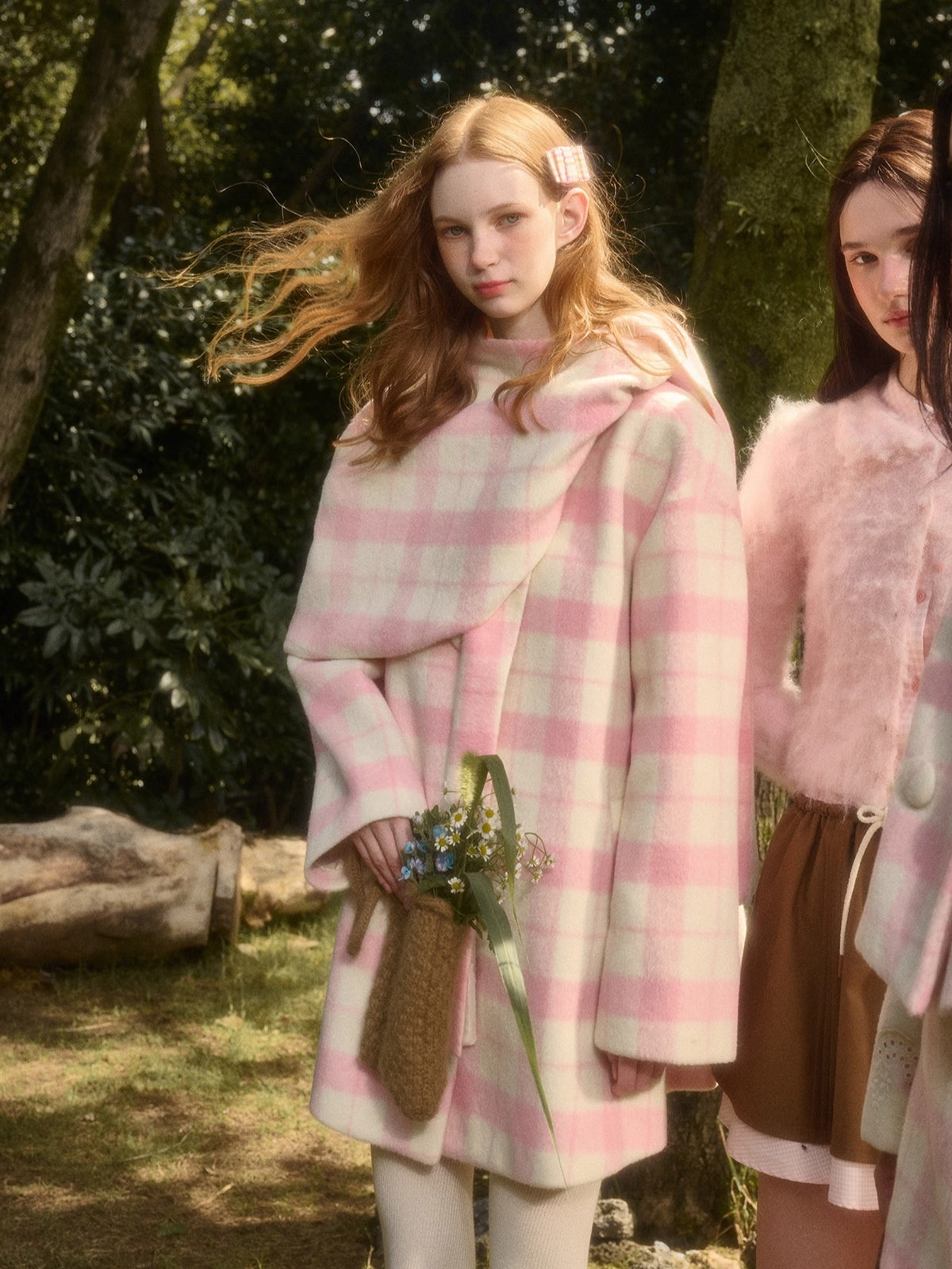 Baby Pink Raspberry Check Wool-Like Cape Coat