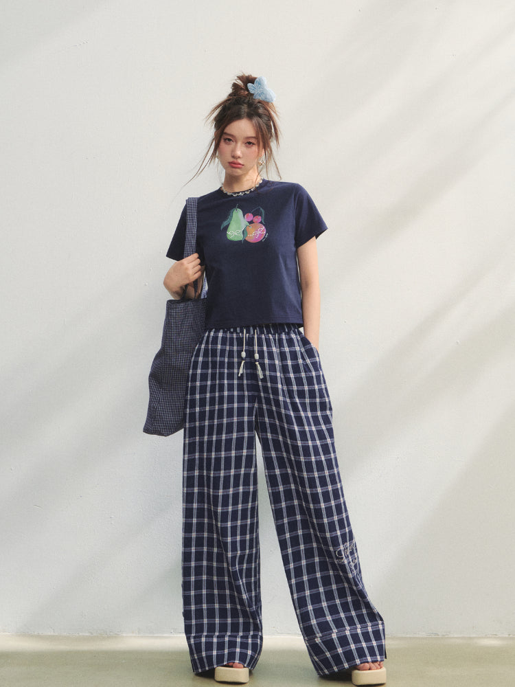 Checkered Strappy Rhinestone Turn-Up Straight-Leg Pants